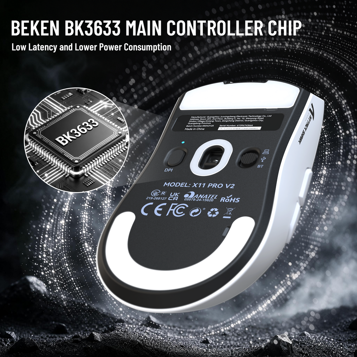 Souris de jeu sans fil ATTACK SHARK X11 PRO V2 avec écran TFT, station de charge et câble enroulé C06