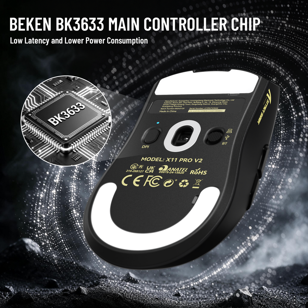Souris de jeu sans fil ATTACK SHARK X11 PRO V2 avec écran TFT, station de charge et câble enroulé C06