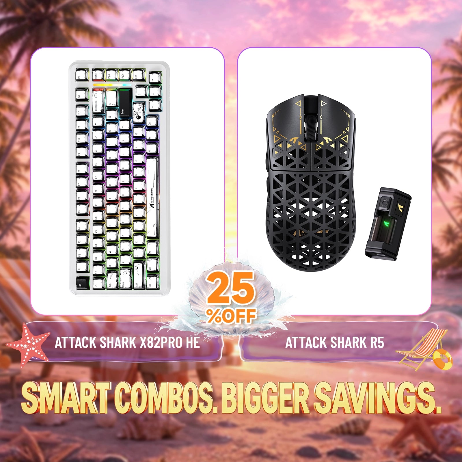 Pack clavier à déclenchement rapide ATTACK SHARK X82PRO HE + souris gaming sans fil en fibre de carbone R5