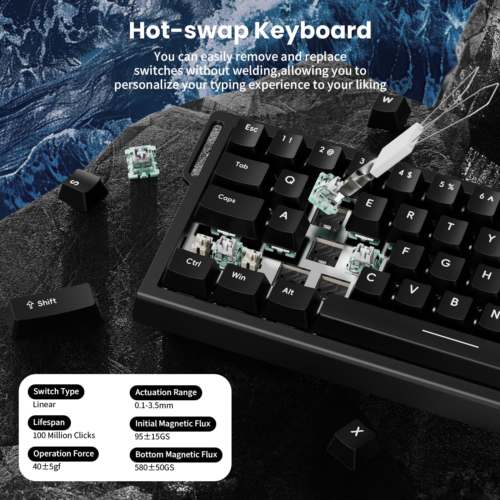 ATTACK SHARK X68 HE Hot-swap Keyboard showing switch replacement, magnetic switches, and actuation details for gaming.
