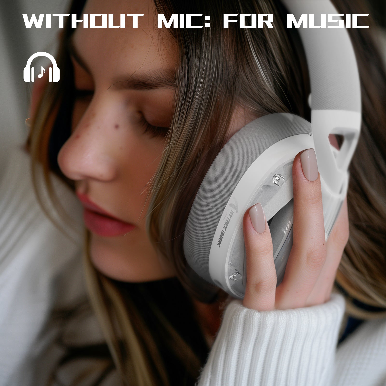 ATTACK SHARK L60 gaming headset, ultra-light, white and gray, with text 'WITHOUT MIC: FOR MUSIC'