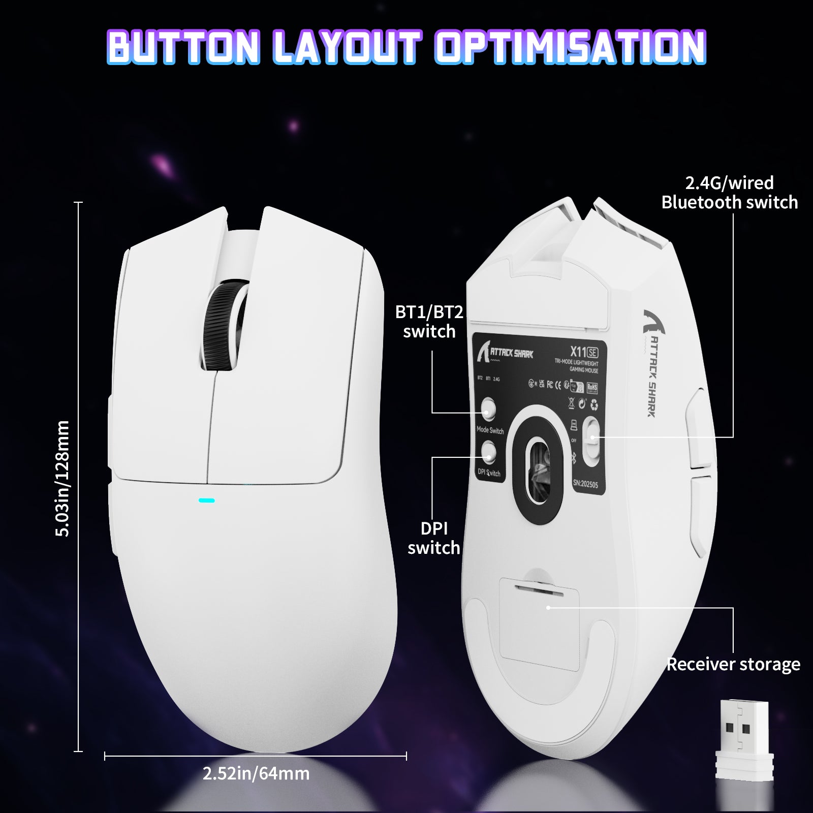ATTACK SHARK X11SE Wireless Gaming Mouse, showcasing button layout, white design, and connection options.