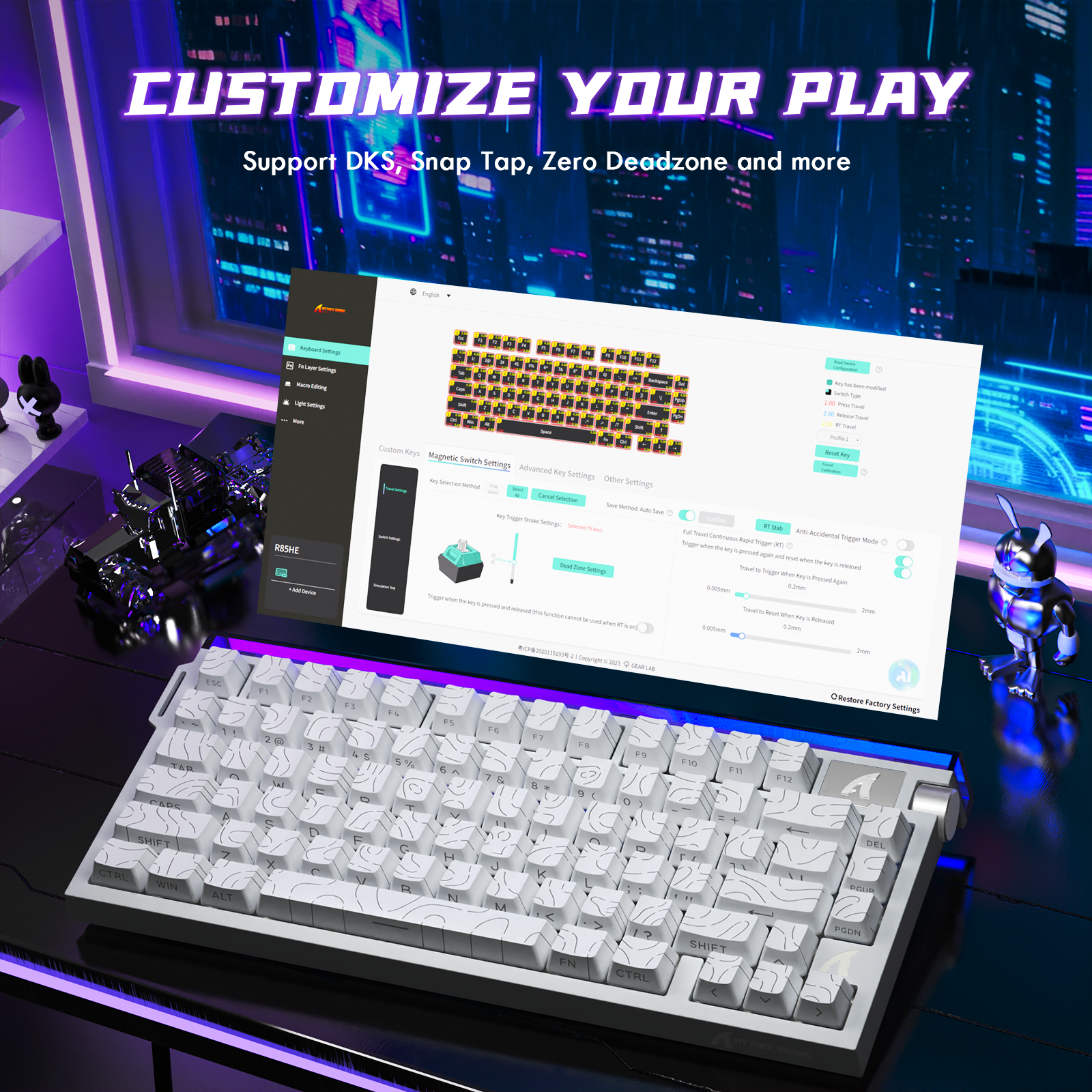 Clavier à déclenchement rapide ATTACK SHARK R85 HE avec interrupteur magnétique et Lightbox personnalisée