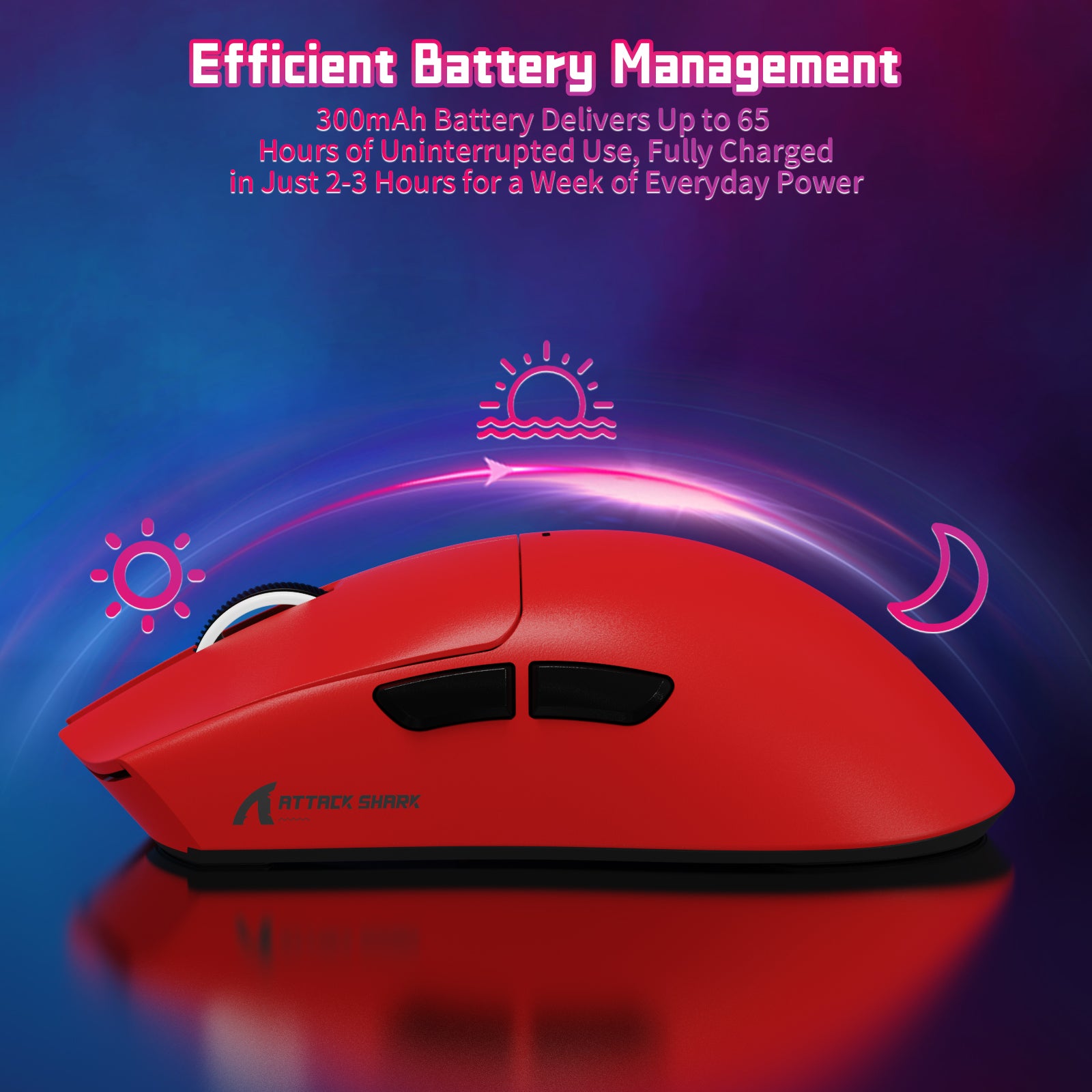 ATTACK SHARK X11SE Wireless Gaming Mouse in Red - Efficient Battery Management, up to 65 hours of use, fast charging