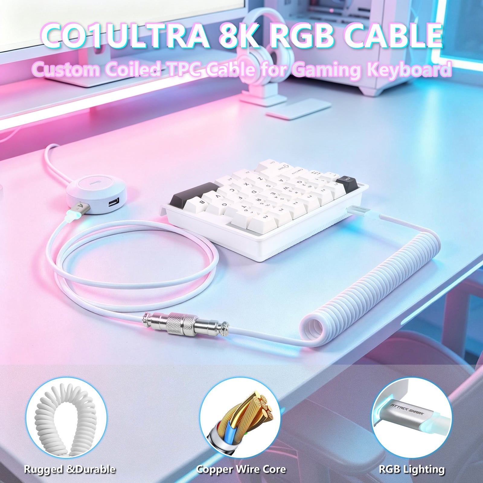 Clavier à interrupteur magnétique à une main ATTACK SHARK M36 HE & câble Aviateur LED ULTRA C01