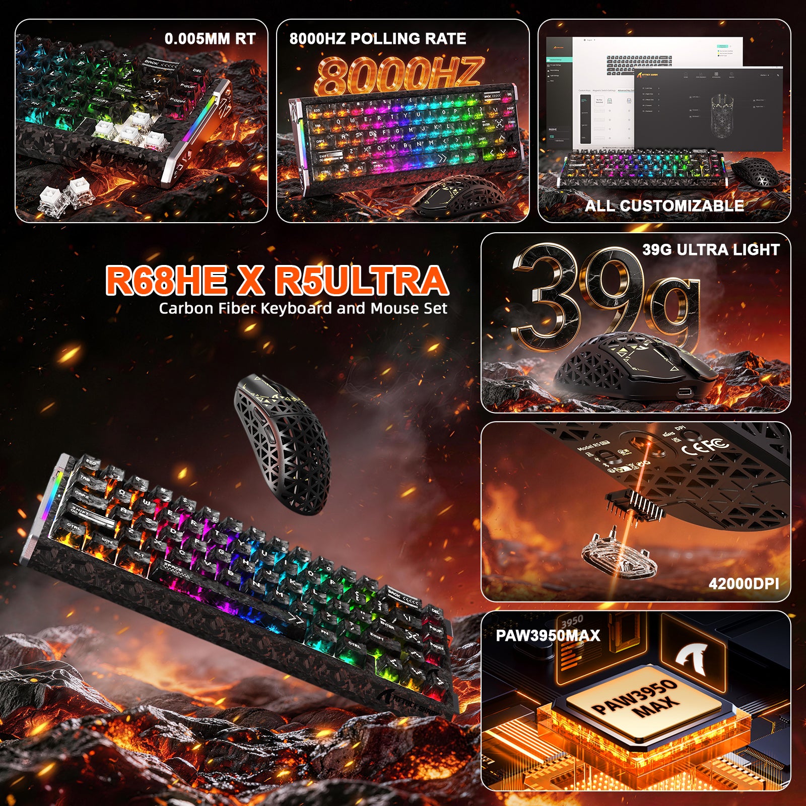 Pack gaming en fibre de carbone ATTACK SHARK R68 HE & R5 ULTRA