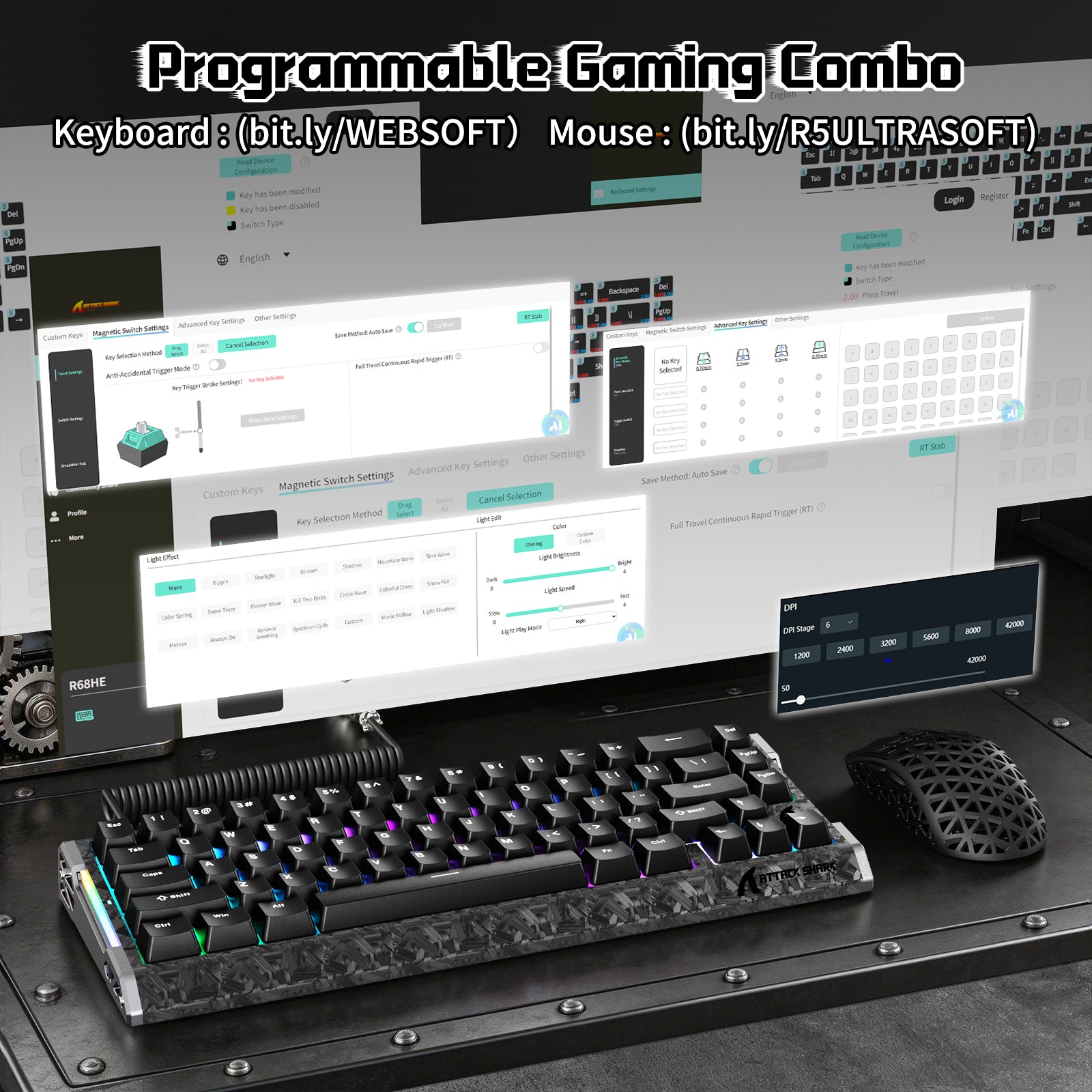 Pack gaming ATTACK SHARK R68 HE & R5 ULTRA en fibre de carbone avec câble enroulé Ultra C01