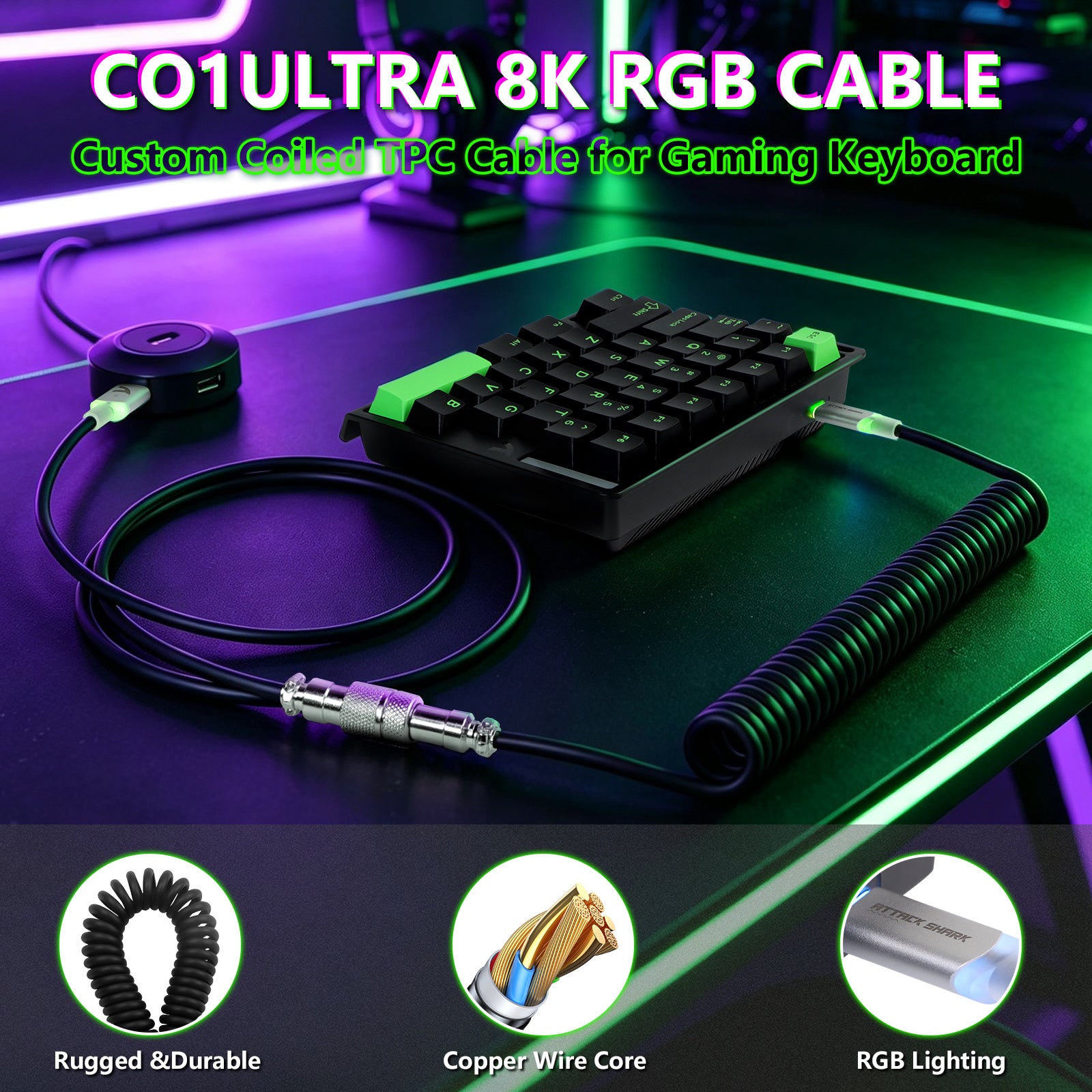Clavier à interrupteur magnétique à une main ATTACK SHARK M36 HE & câble Aviateur LED ULTRA C01