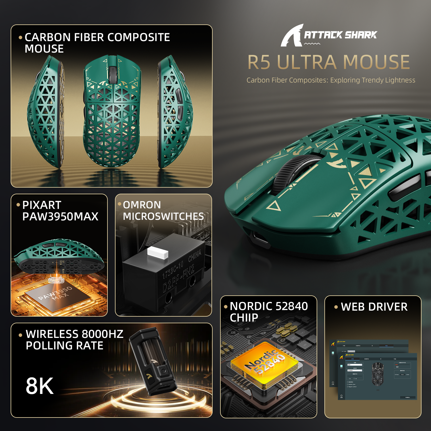 ATTACK SHARK R5 Ultra green carbon fiber gaming mouse: honeycomb design, PAW3950MAX sensor, 8000Hz wireless, Omron switches.