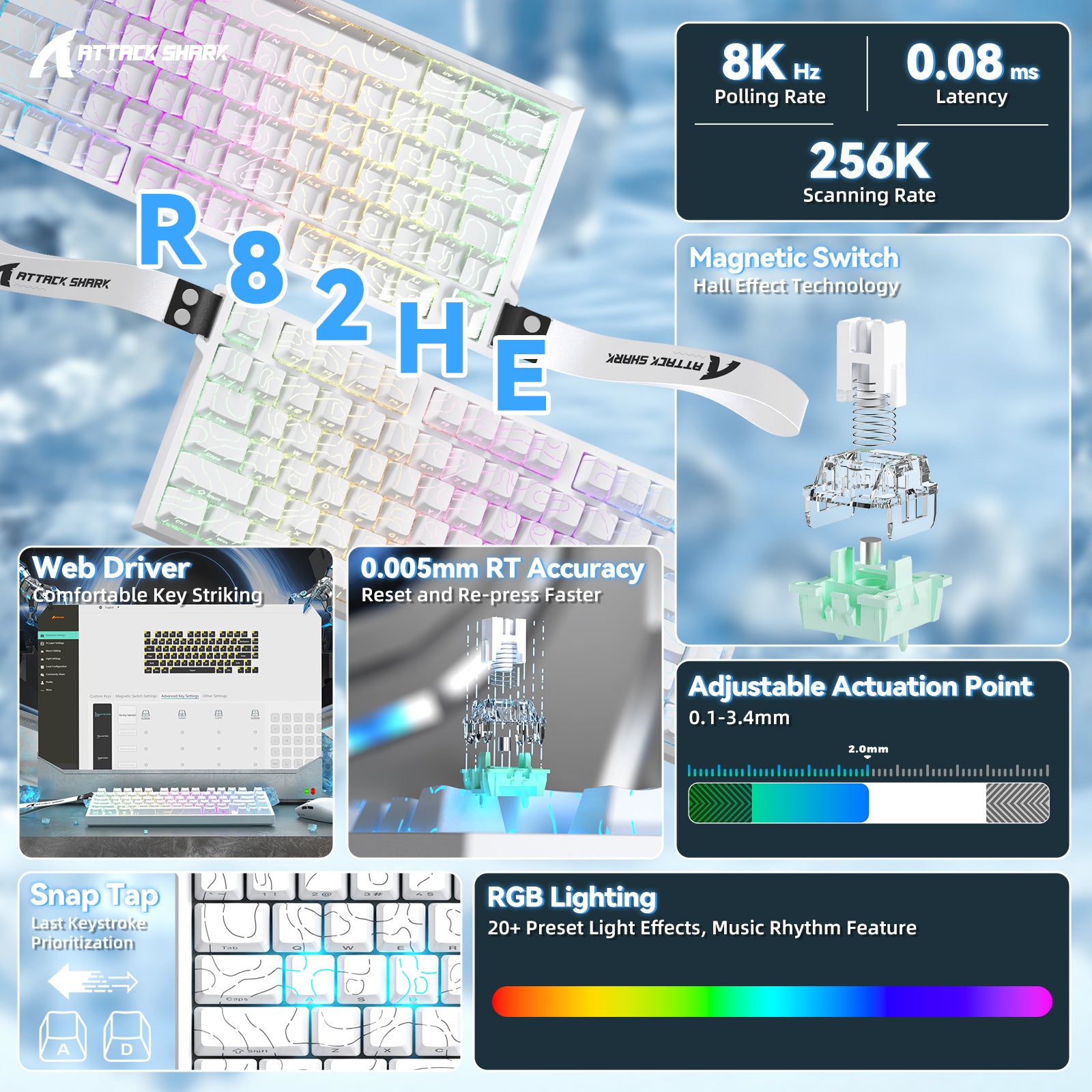Clavier ATTACK SHARK R82 HE à déclenchement rapide avec interrupteur magnétique et RT de 0,005 mm