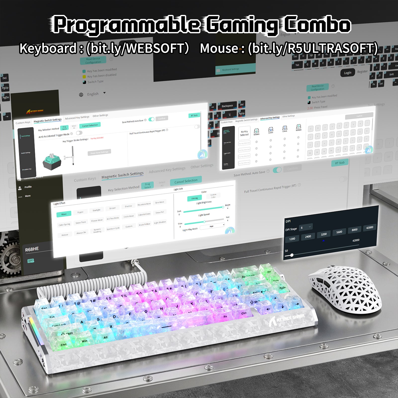 Pack gaming ATTACK SHARK R68 HE & R5 ULTRA en fibre de carbone avec câble enroulé Ultra C01