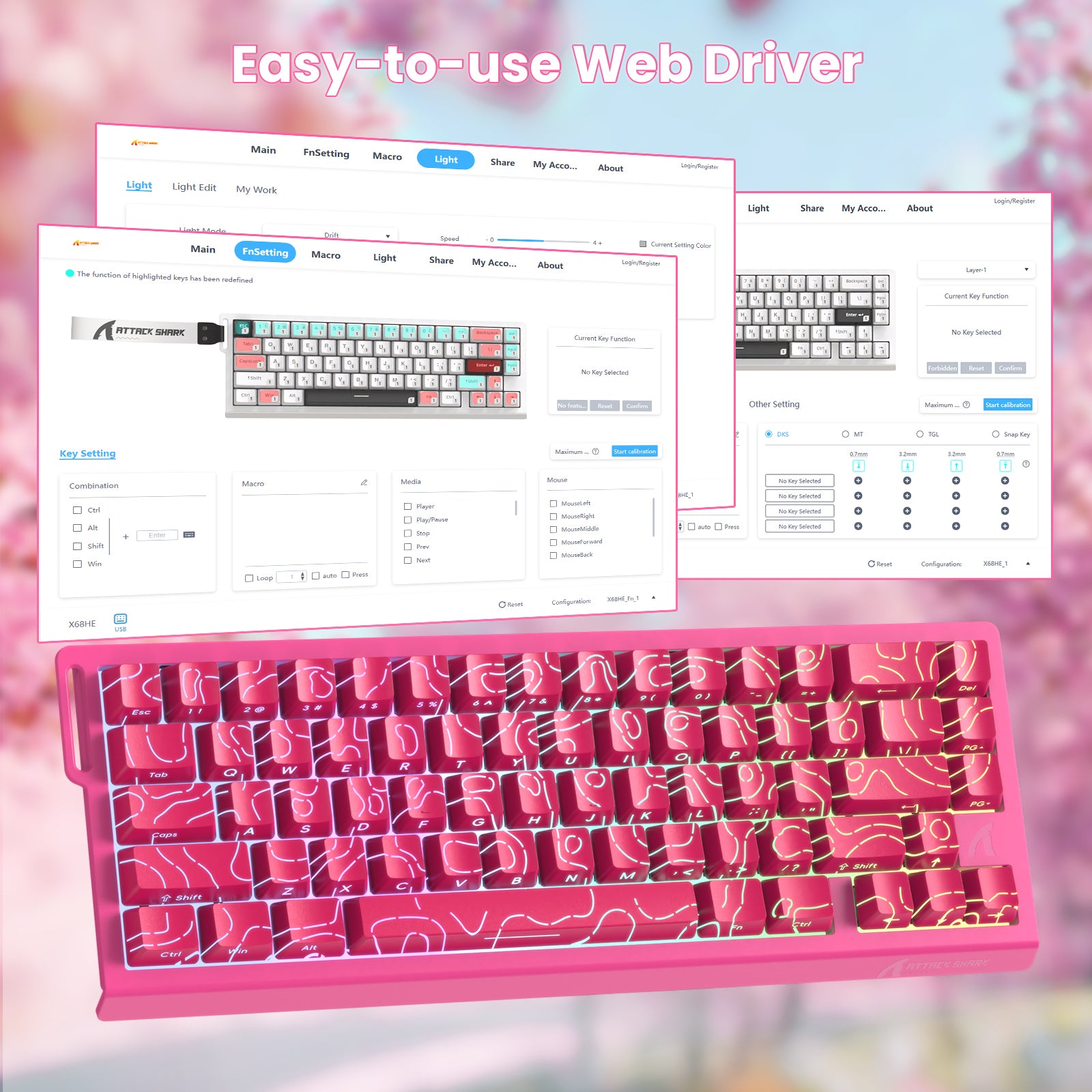 ATTACK SHARK X68 HE keyboard web driver interface, key customization options and RGB lighting settings. Pink keyboard.