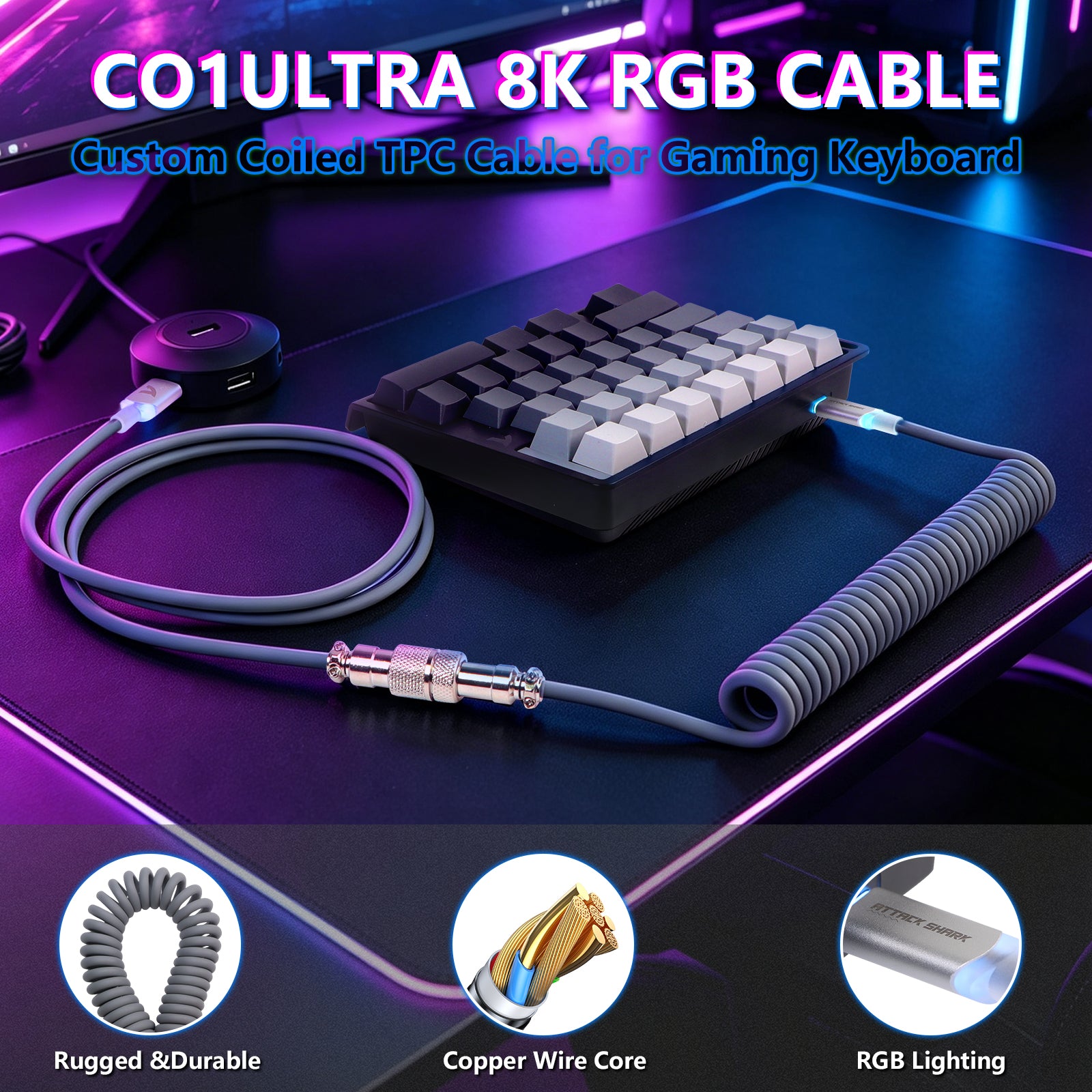 Clavier à interrupteur magnétique à une main ATTACK SHARK M36 HE & câble Aviateur LED ULTRA C01