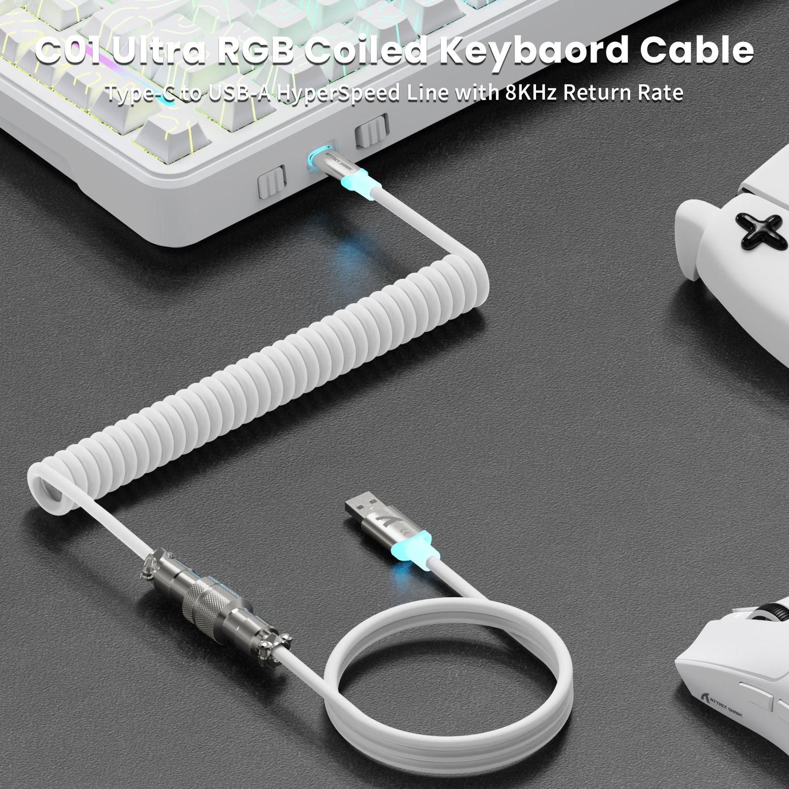 ATTACK SHARK X82PRO HE keyboard's C01 Ultra RGB coiled cable, USB-A to Type-C, 8KHz return rate. White design