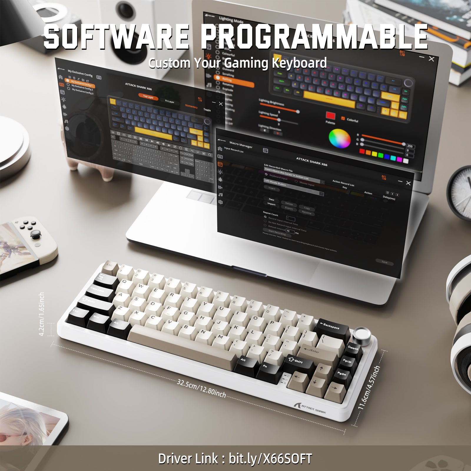 ATTACK SHARK X66 wireless keyboard, customizable RGB, side-printed keycaps and volume knob. Software programmable.