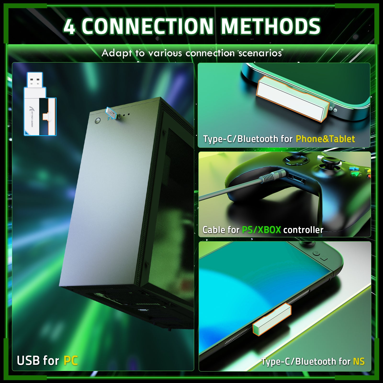 ATTACK SHARK L80PRO headset: 4 connection methods - USB for PC, Type-C/Bluetooth for Phone & Tablet, Cable for PS/Xbox controller, Type-C/Bluetooth for NS.