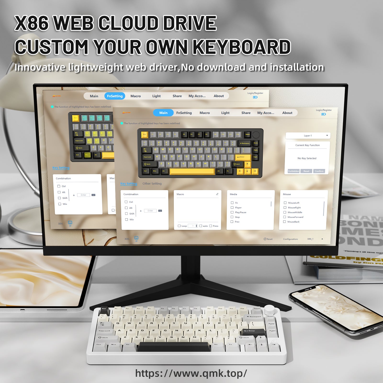 ATTACK SHARK X86 keyboard with customizable RGB lighting and web driver interface.
