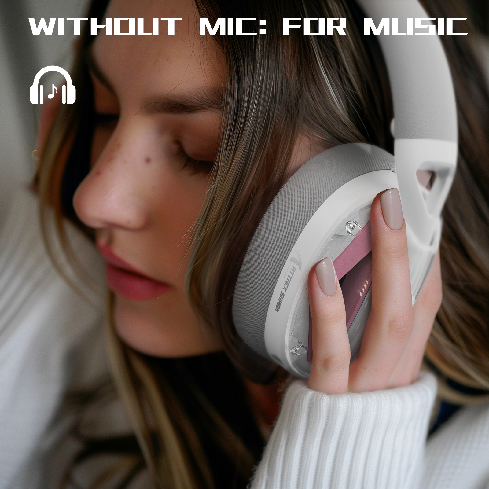 ATTACK SHARK L60 white and grey gaming headset on a woman's head, text overlay 'WITHOUT MIC: FOR MUSIC'