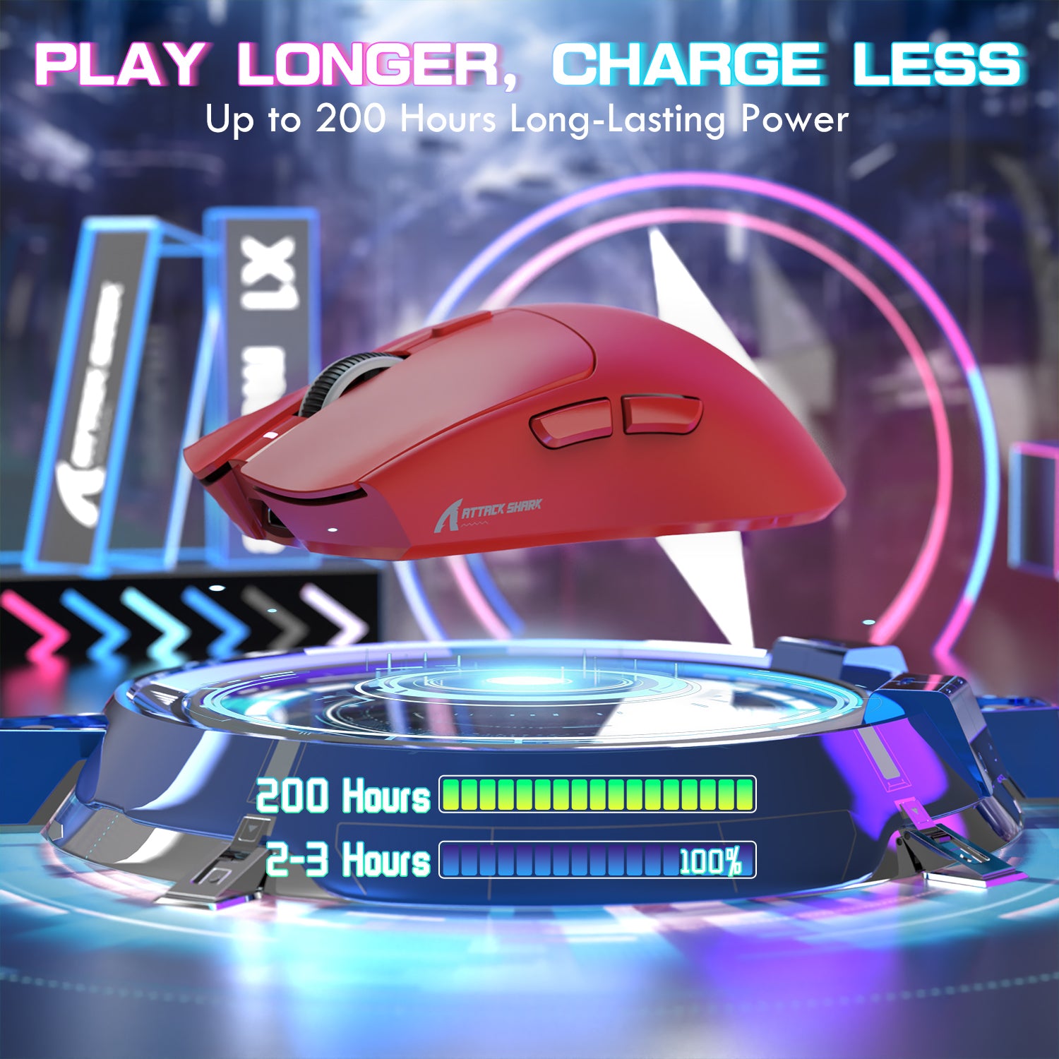 ATTACK SHARK X1 red gaming mouse with long-lasting battery, charge less, up to 200 hours play time.