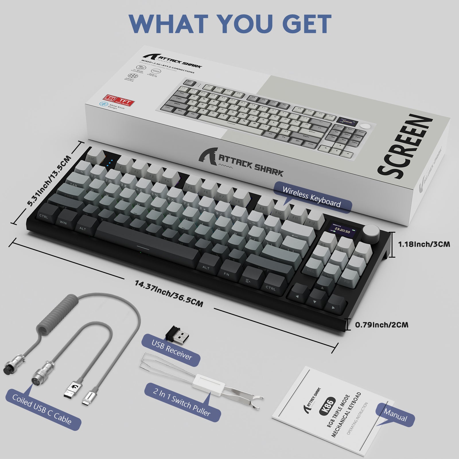 ATTACK SHARK K86PRO wireless mechanical keyboard with RGB lighting and a smart color display.