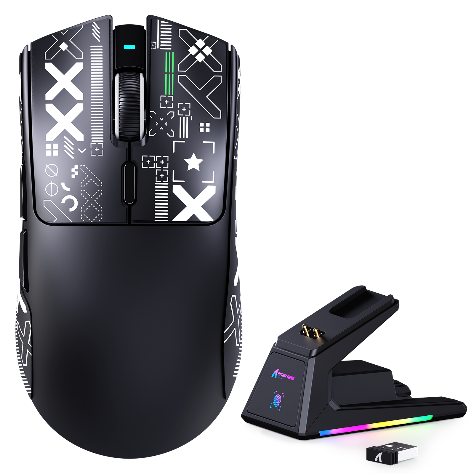 Souris de jeu tri-mode ATTACK SHARK X1 avec pavé tactile, station de charge RGB, capteur PAW3395PRO