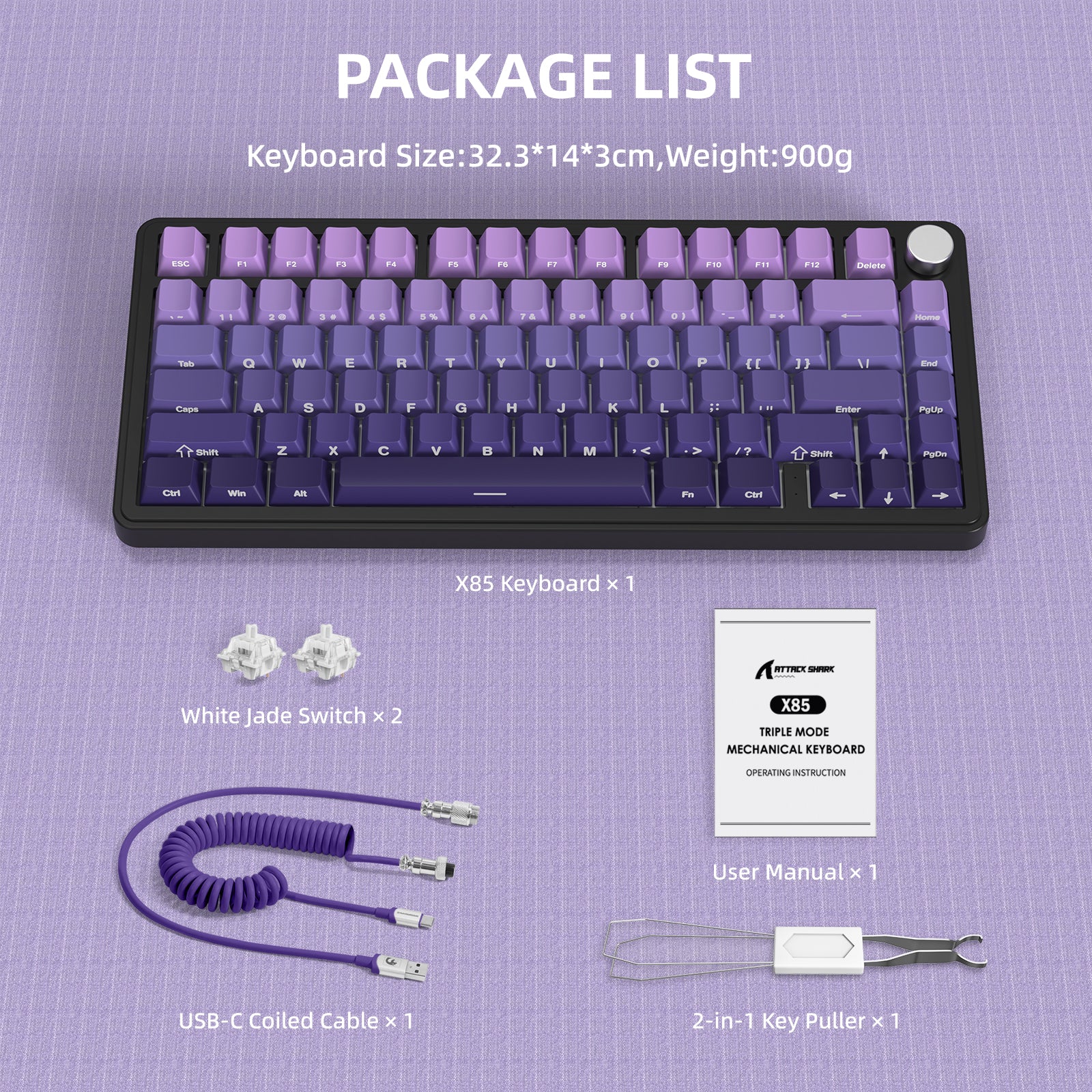 ATTACK SHARK X85 keyboard package: 75% layout, white and purple keycaps, White Jade switches, and accessories.